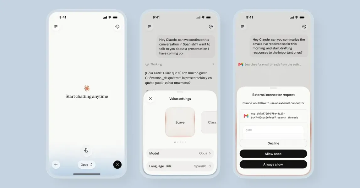 Claude voice mode expands to Opus and Sonnet models with app integrations