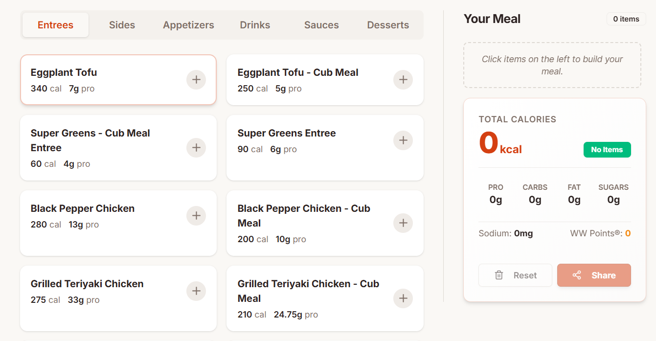 Panda Express Nutrition Facts Calculator