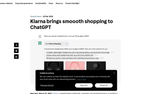 Klarna ChatGPT plugin